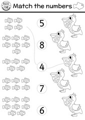 Match the numbers under the sea black and white game with pelican eating fish. Ocean life line math activity for preschool kids. Marine counting coloring page with cute water animals, bird