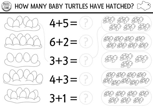 How many baby turtles have hatched game. Under the sea black and white math addition activity or coloring page. Simple line ocean life printable counting worksheet for kids with water animals.