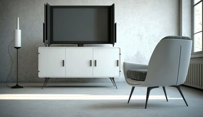 Cabinet for TV on the white plaster wall in living room with armchair, minimal design. Generative AI.