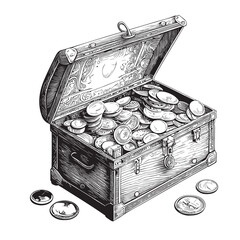 Chest with coins hand drawn sketch in doodle style illustration - obrazy, fototapety, plakaty