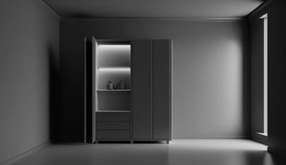 Cabinet in modern empty room, minimal design. Generative AI.