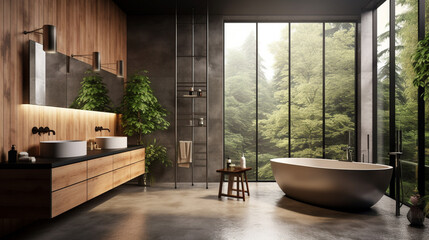 Fototapeta na wymiar Modern Master Bathroom Interior Design with Concrete and Wood Panel Elements, Lush Plants and High End Accessories - Generative AI