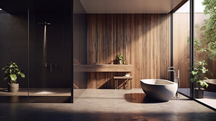 Modern Master Bathroom Interior Design with Concrete and Wood Panel Elements, Lush Plants and High End Accessories - Generative AI