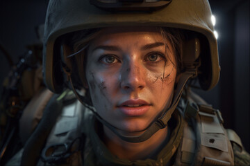 Woman wearing military uniform. Army green fatigues. Generative AI