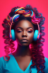 Pretty young black woman wearing colorful headphones to listen to music for entertainment. generative ai