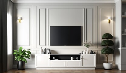 Cabinets and wall for tv in living room, white walls. Generative AI.