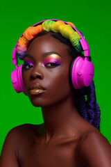 Pretty young black woman wearing colorful headphones to listen to music for entertainment. generative ai