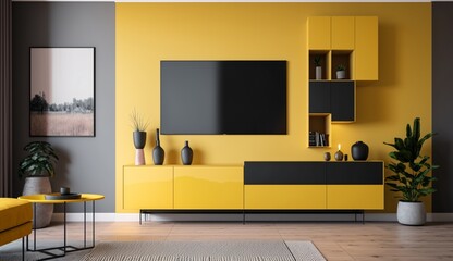 Cabinets and wall for tv in living room, yellow wall. Generative AI.