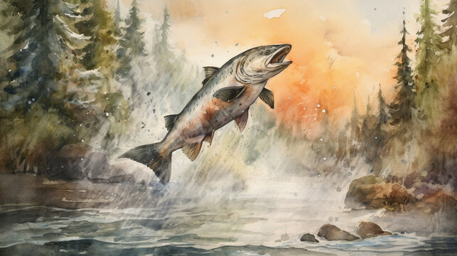 Salmon fish jumping out of river water