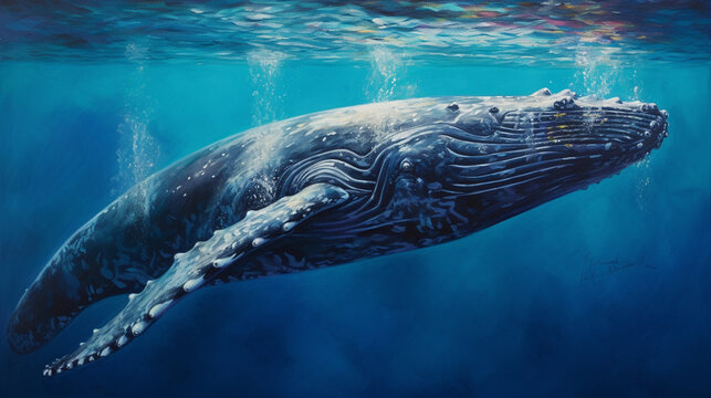 Large humpback whale in deep blue ocean water