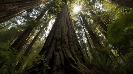 Naklejka premium Old growth forest. Looking up an large trees in nature. generative AI