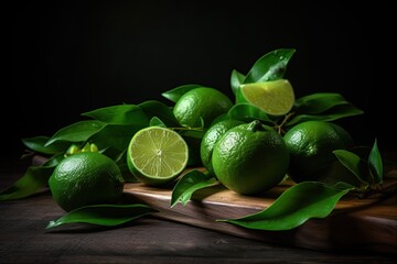 freshly cut limes on a wooden board, created with AI, AI, generative AI