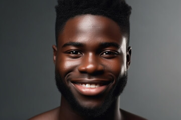 Portrait of handsome young African American man with isolated black background. He has a friendly smile on his face. generative ai