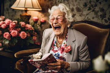 Mature old woman laughing hysterically after receiving a gift of flowers. generative AI