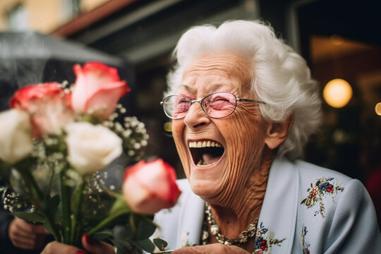 Mature old woman laughing hysterically after receiving a gift of flowers. generative AI