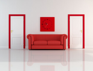 red and white interior with  clock -digital artwork