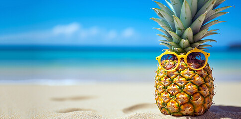 Summer concept funny Pineapple fruit with sunglasses on beach sand against turquoise caribbean sea water, blue ocean. Tropical summer vacation concept