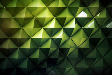 Geometric pattern of triangles and squares in a gradient of light and dark green background wallpaper.