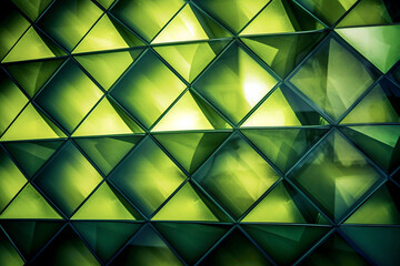 Geometric pattern of triangles and squares in a gradient of light and dark green background wallpaper.