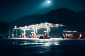Gas station in desert at night