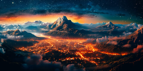 Naklejka premium Mountains with clouds, stars and the Milky Way