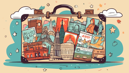 a suitcase adorned with stickers of landmarks from various countries against the backdrop of a world map featuring popular tourist destinations - obrazy, fototapety, plakaty