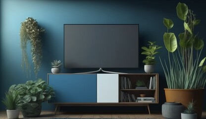 TV on the cabinet in modern living room have plants and book on blue wall background. Generative AI.