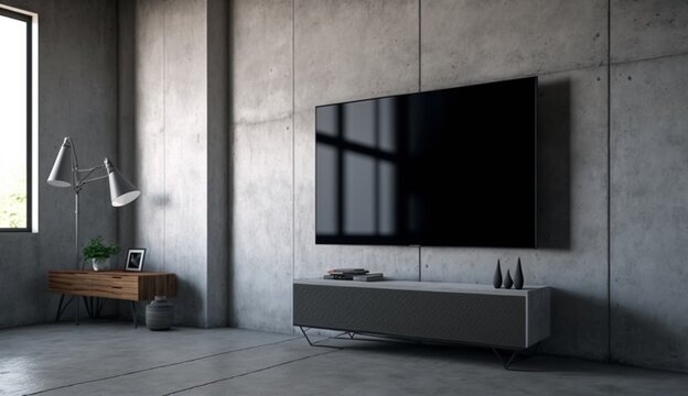Tv on concrete wall in the modern living room with the concrete wall. Generative AI.