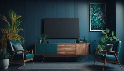 Modern interior of living room with tv on the cabinet on dark blue wall background. Generative AI.