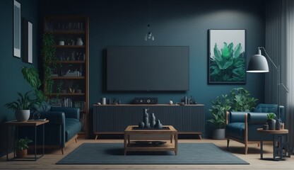 Modern interior of living room with tv on the cabinet on dark blue wall background. Generative AI.