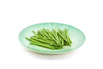 Green Beans on Turquoise Ceramic Plate with White Background