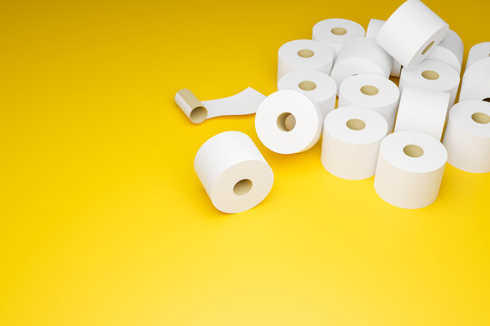 Toilet paper on yellow background, Panic buying toilet paper I and out of stock because of COVID-19 outbreak and lockdown