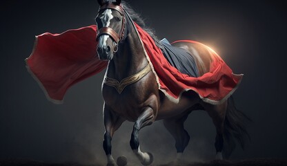 Super horse as superhero with cape background.Generative AI.