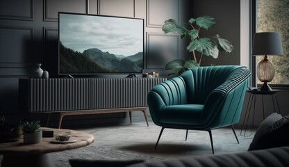 Modern living room interior armchair, TV on cabinet in modern living room. Generative AI.