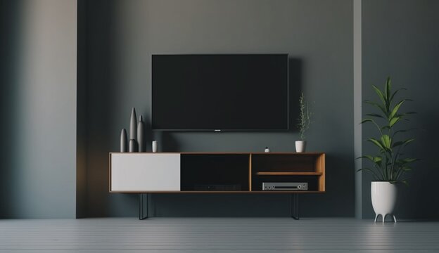 Shelf tv in modern empty room, minimal design. Generative AI.