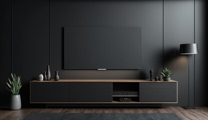 Tv cabinet in modern empty room on dark wall, minimal designs. Generative AI. - obrazy, fototapety, plakaty