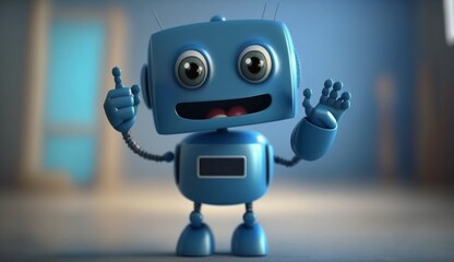 Friendly positive cute cartoon blue robot with smiling.Generative AI.
