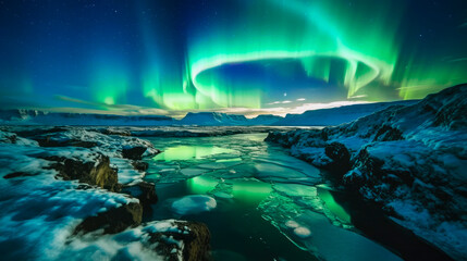 The aurora borealis over icebergs