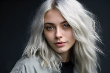 Fototapeta premium Amazing close up portrait of girl with healthy long grey hair. Generarative AI.