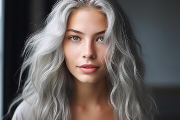Fototapeta premium Amazing close up portrait of girl with healthy long grey hair. Generarative AI.