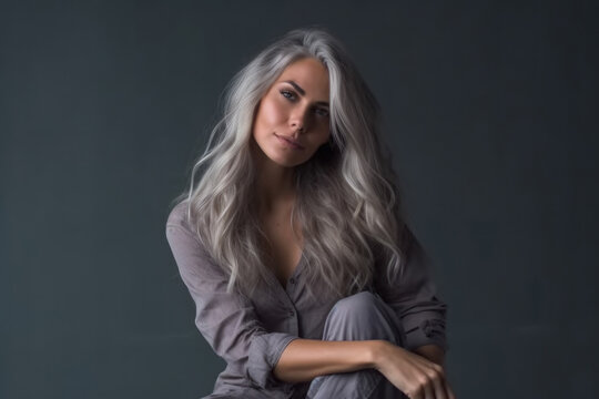 Amazing close up portrait of girl with healthy long grey hair. Generarative AI.