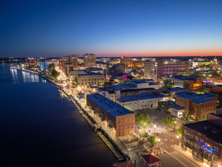 Wilmington, North Carolina, USA aerial Cityscape over the Cape Fear River - 601847120