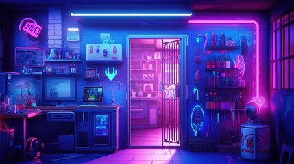 Fototapeta premium Auto Repair garage at night with bright neon light, house or home garage with lots of equipment on the wall