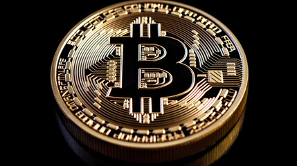 Fototapeta na wymiar Gold coin with bitcoin symbol on a black background, AI