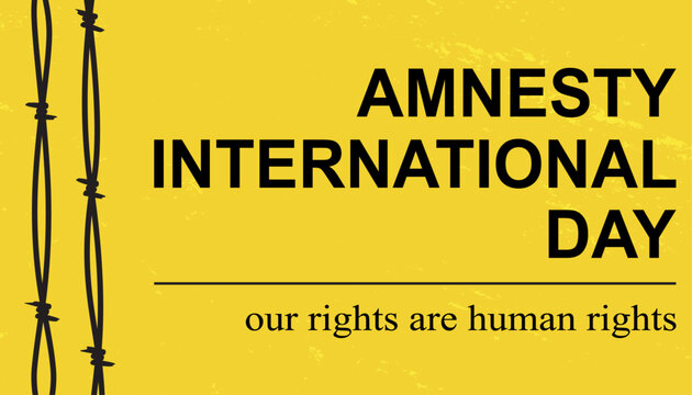 Amnesty International Day concept. Our rights are human rights text on yellow background, vector.