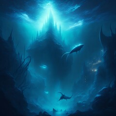 A water elemental is diving into an underwater city, with a dark blue sky at night and glowing stars above