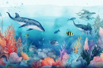 Fototapeta na wymiar Ocean watercolor wallpaper with marine creatures such as whales, fish, corals, and more. Vintage look. Generative AI