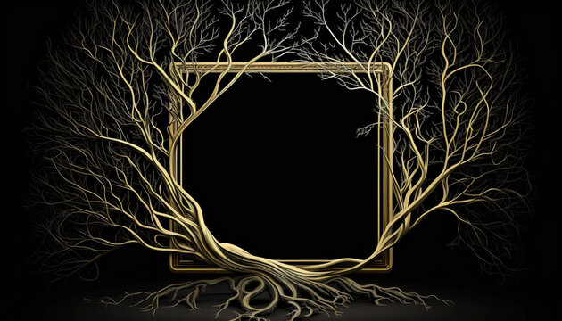 Branches of tree roots frame an empty frame, black background.Generative AI.