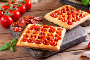 Appetizing pizza waffle with vegetables and ingredients on a table