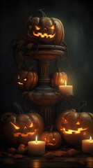 A spooky pyramid of jack-o-lantern and candles in the dark. Glowing scary smirk carved in a pumpkin. Traditional halloween decorations. Vertical greeting card or banner. Generative ai